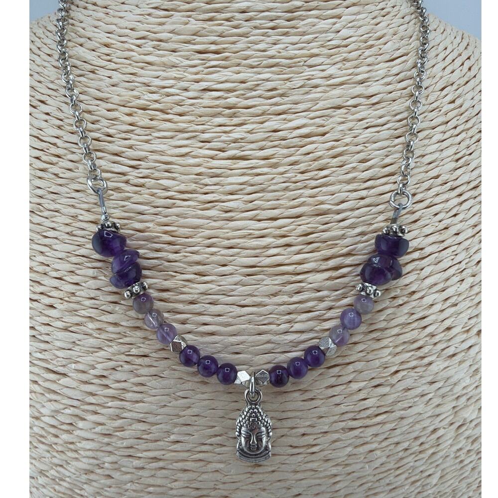 Artisan Handcrafted Amethyst Gemstone Buddha Head Charm Necklace